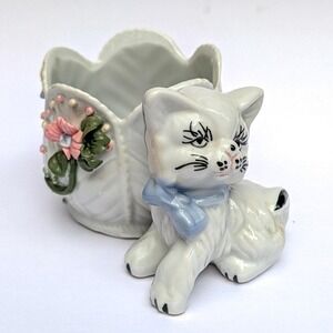 Vintage Ceramic Kitten Planter - White Kitty in Leaf Basket - Trinket Dish